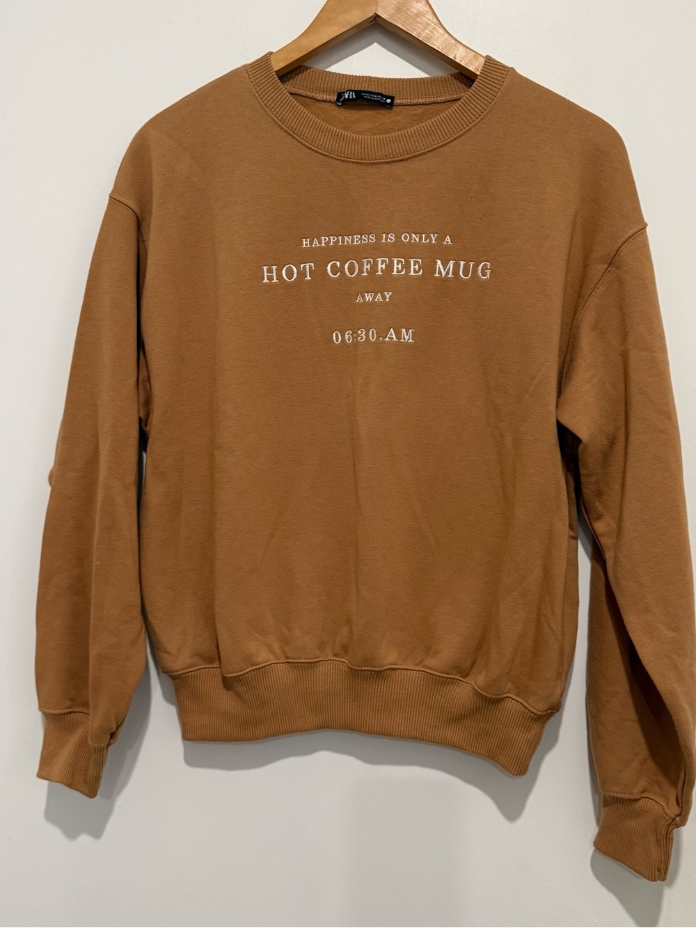 Zara Hot Coffee Mug Sweatshirt Camel Brown Graphic Crewneck Size M